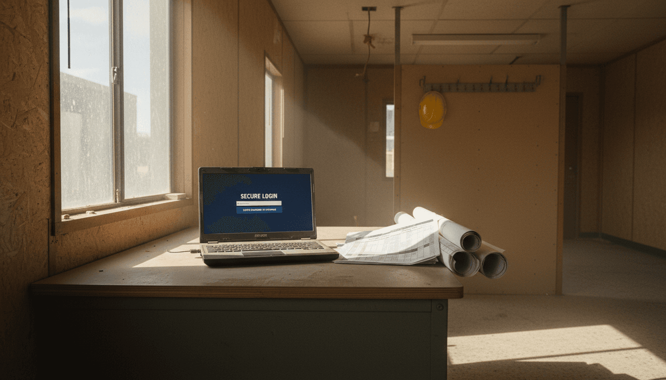 Construction office desk with laptop open to a login screen, building plans and financial papers nearby, hard hat on hook, natural light