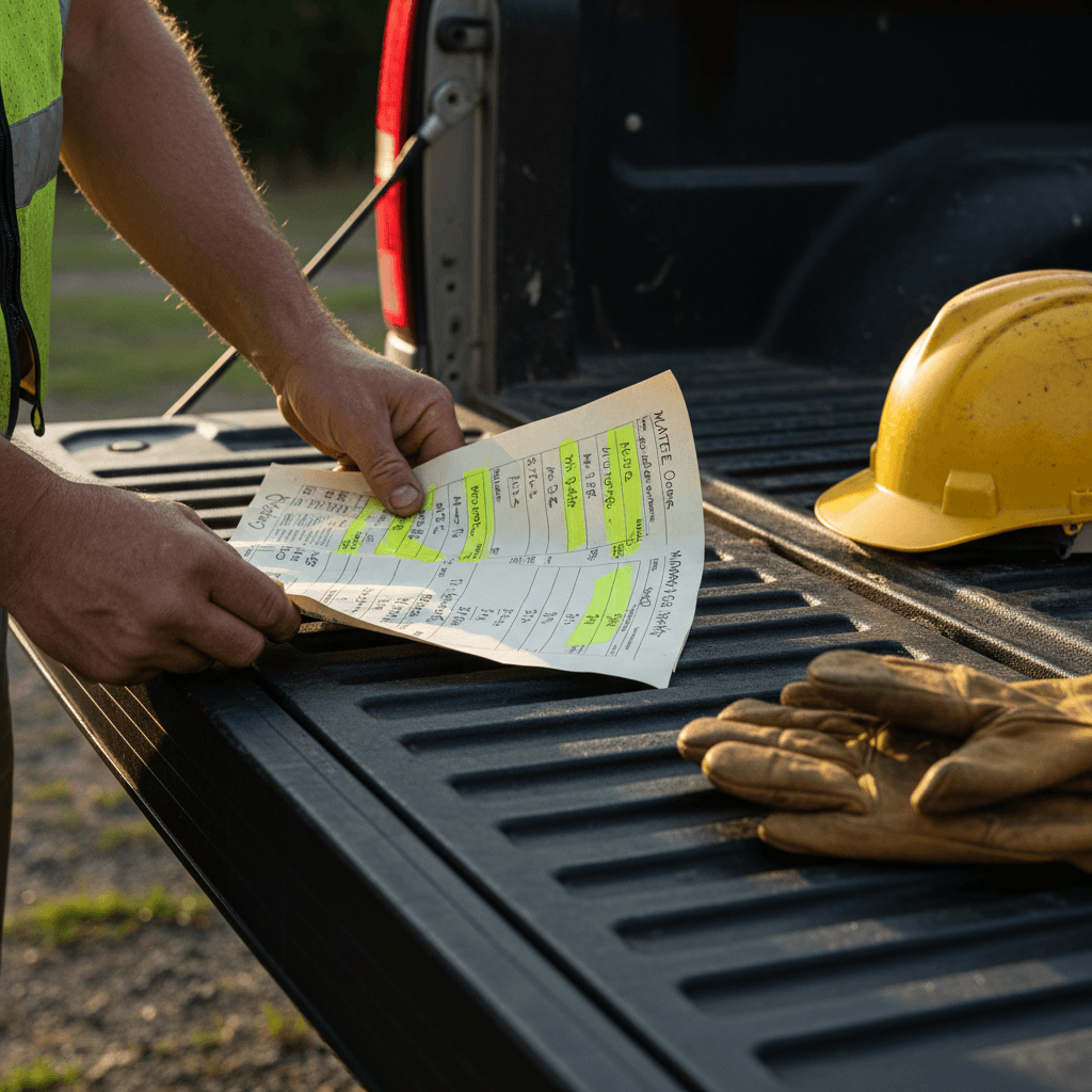 Contractor reviewing job cost report on site