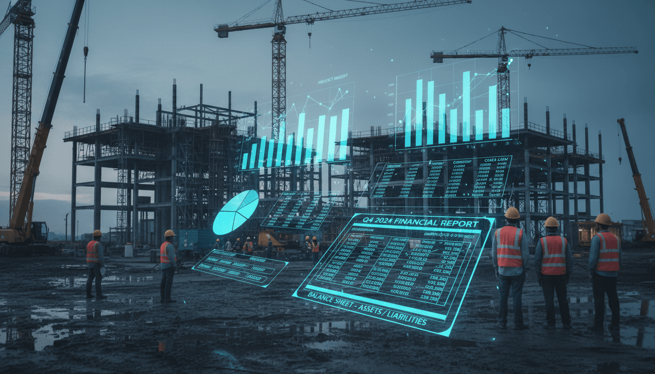 Construction site with financial analysis and job costing documents