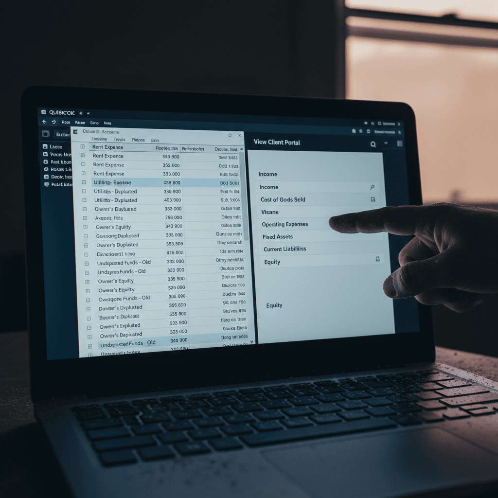 Laptop showing simplified QuickBooks chart of accounts via client portal