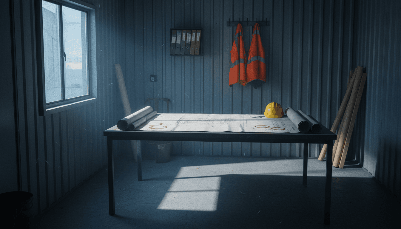 Construction blueprints spread on a metal desk inside a job trailer with morning light streaming through a dirty window