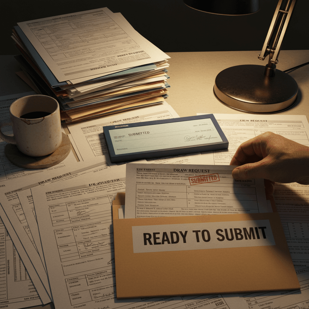 Construction draw request and lien waiver paperwork on a desk