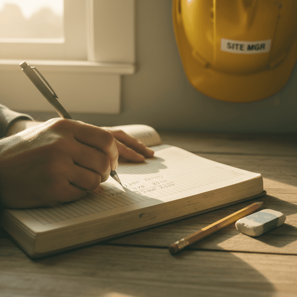 Hands entering data into a ledger book