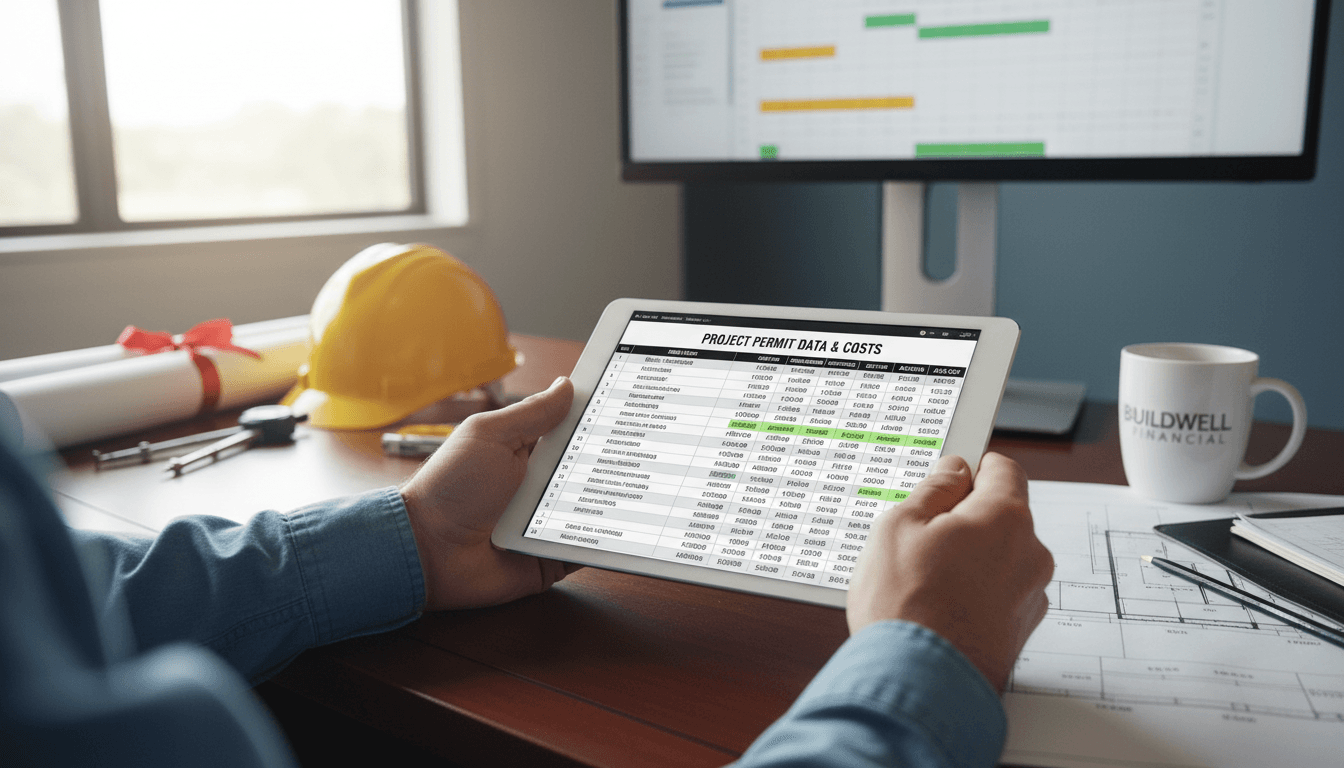 Contractor using tablet with permit data spreadsheet in organized construction office.