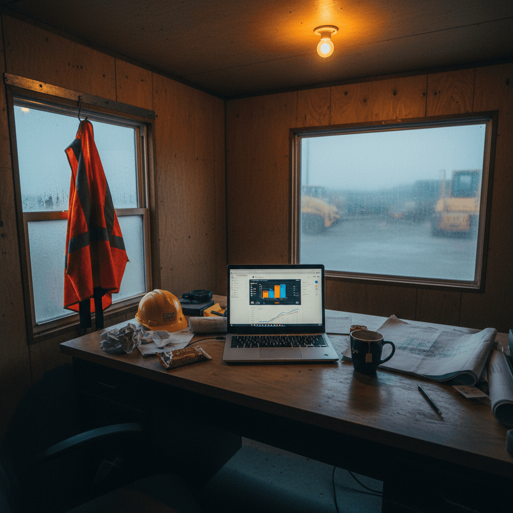 Bookkeeping dashboard open on a laptop in a site trailer