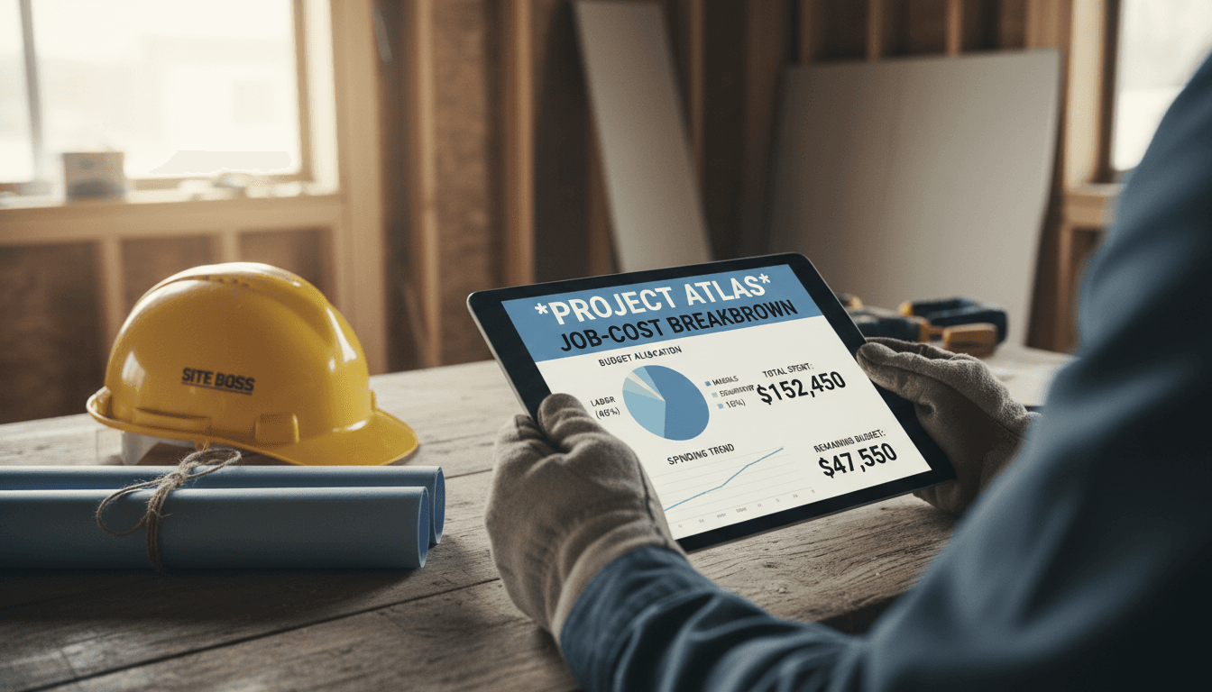 Contractor's hands holding a tablet with job-cost data on a workbench near a construction site