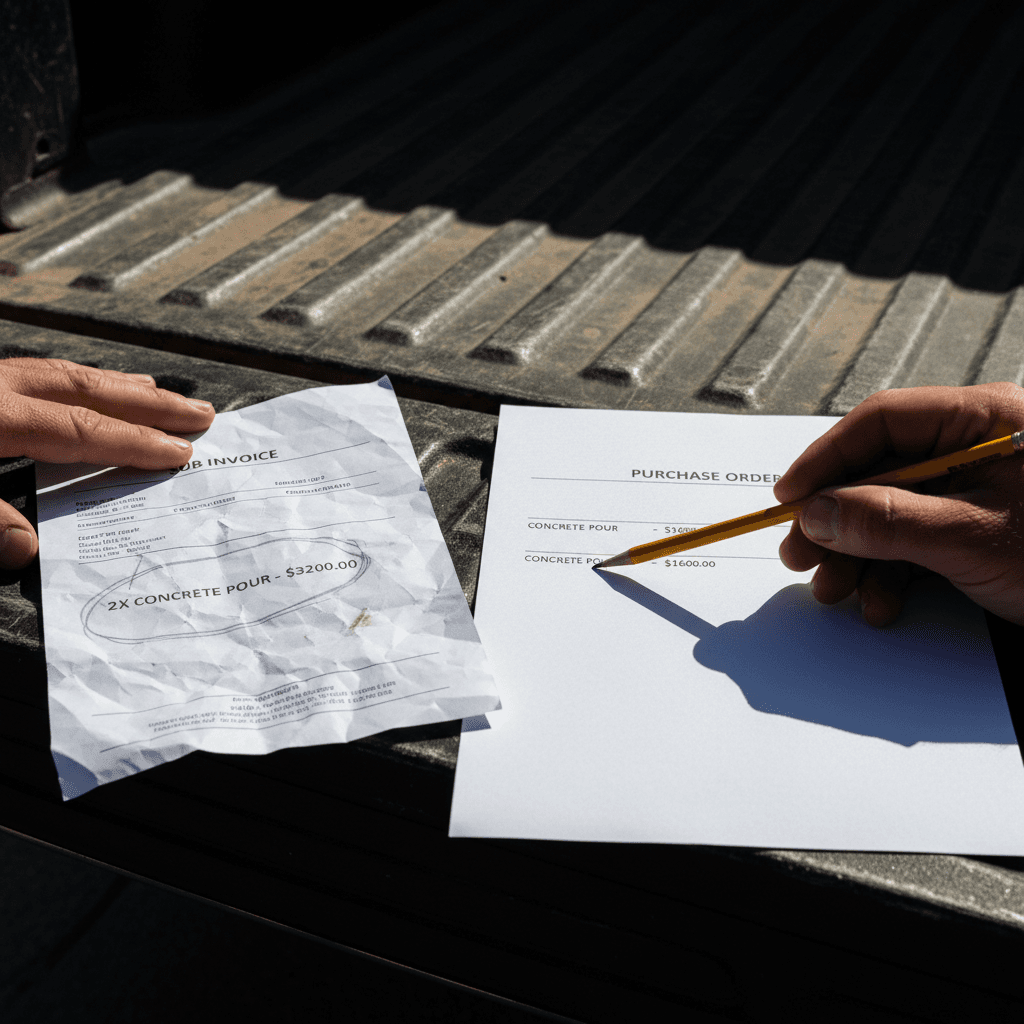Invoice and purchase order compared for discrepancies on a truck tailgate