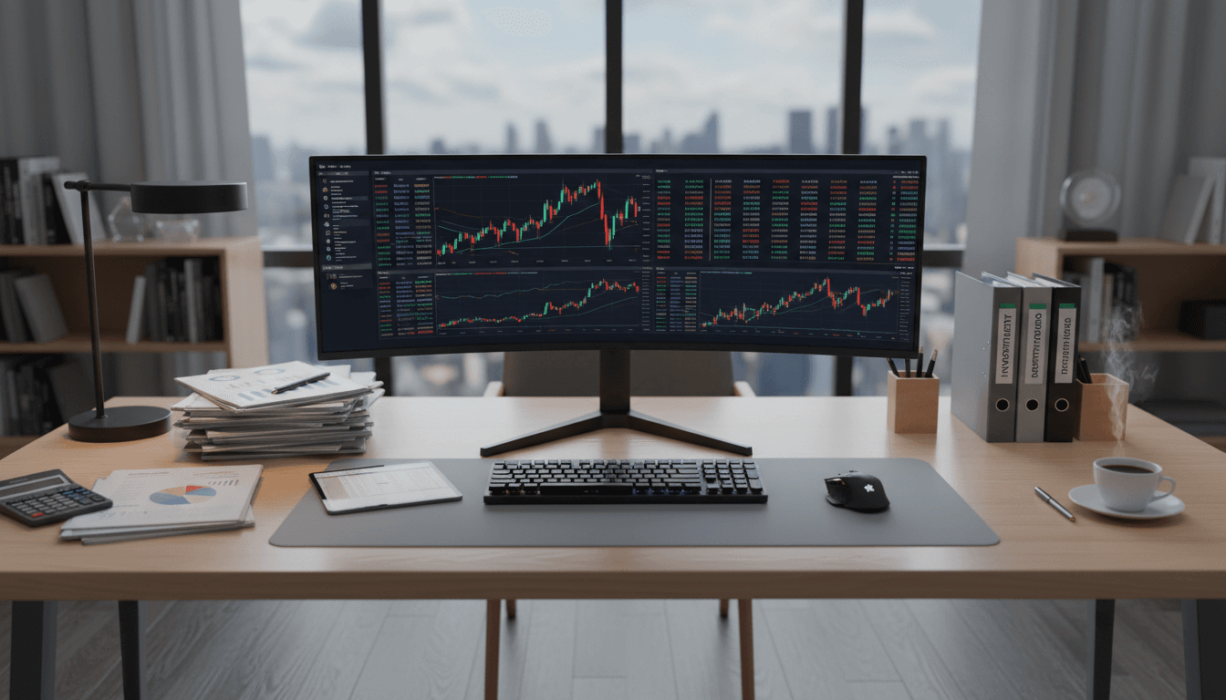 Professional workspace showing financial documents and computer setup