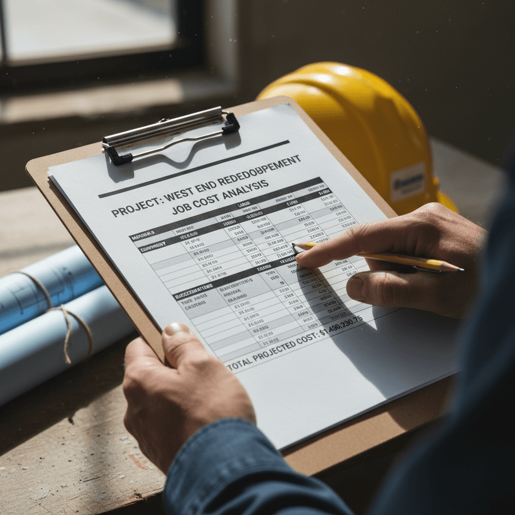 Close-up of a job cost report being reviewed on site