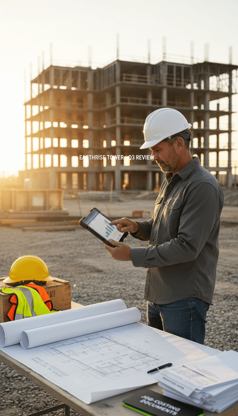 Contractor reviewing financial data on a tablet at a construction jobsite