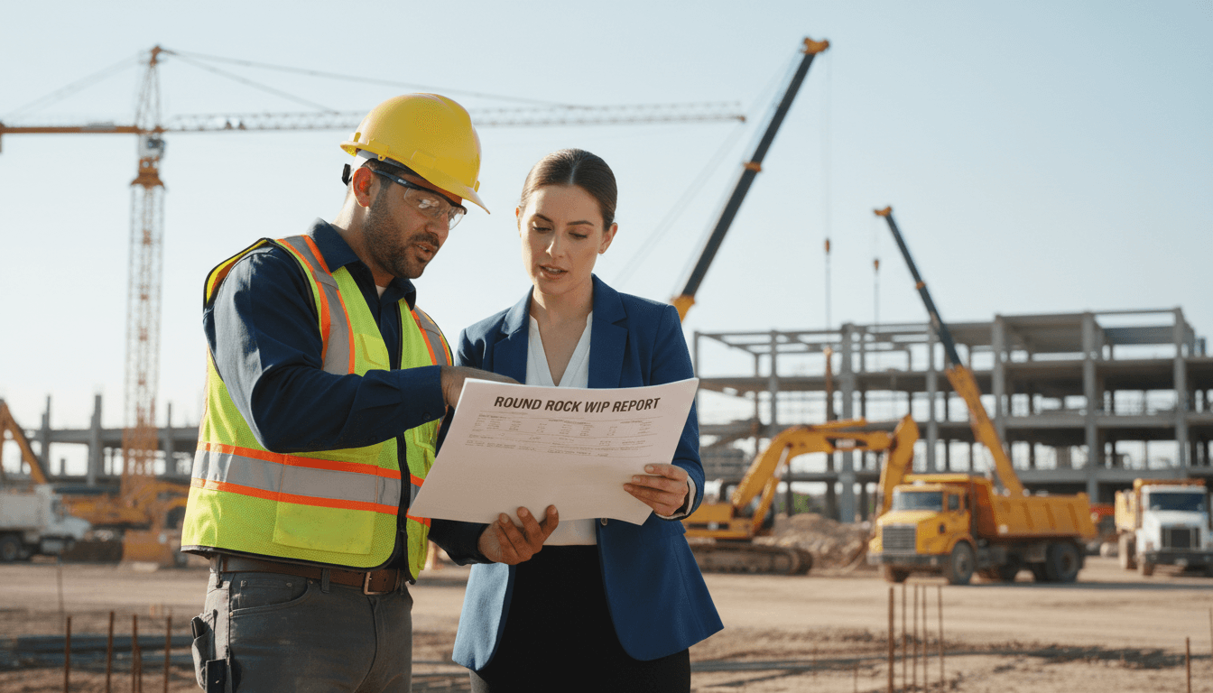 Foreman and bookkeeper reviewing a report at a busy construction site.