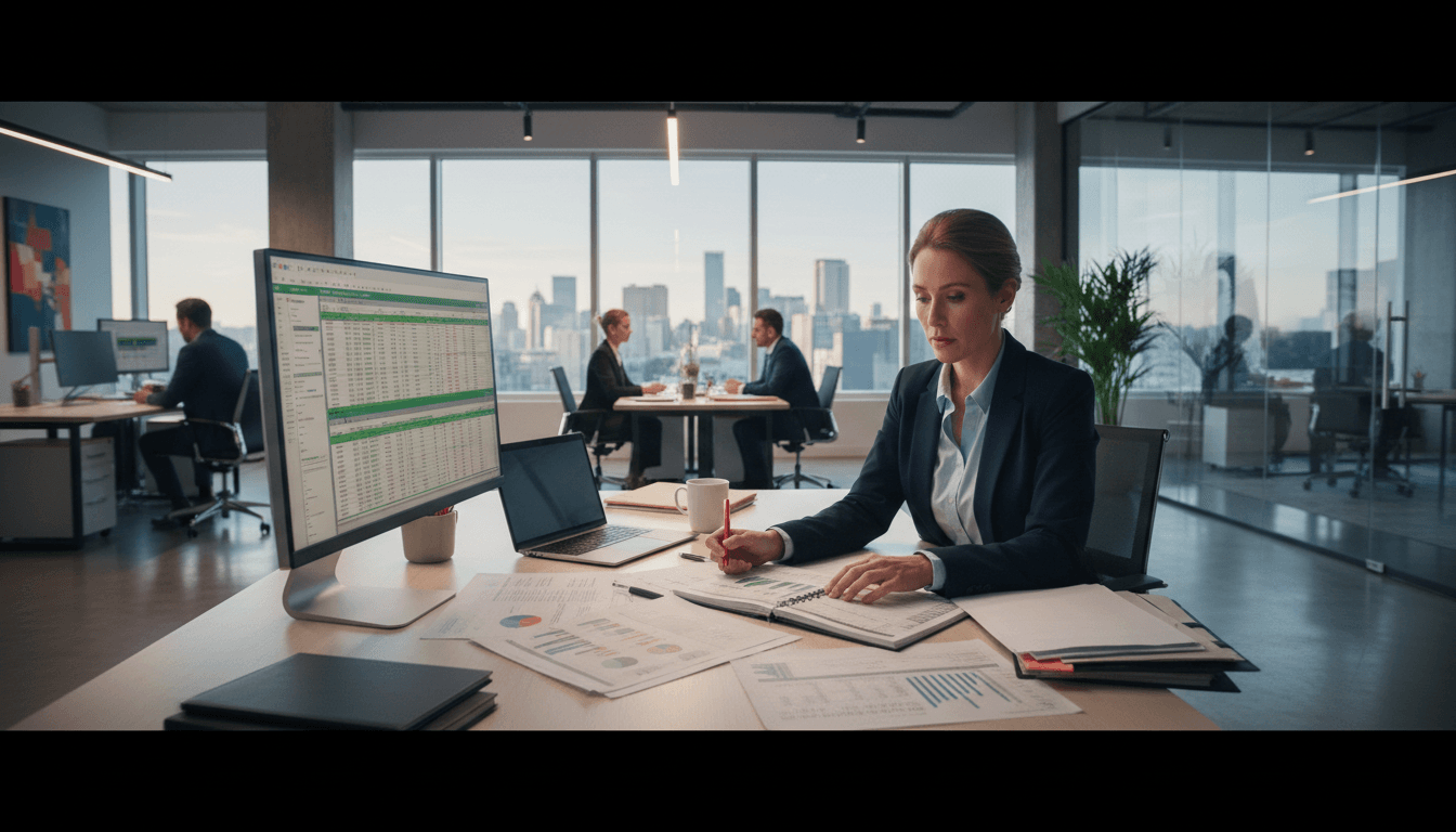 Professional reviewing financial records and documents at modern office desk