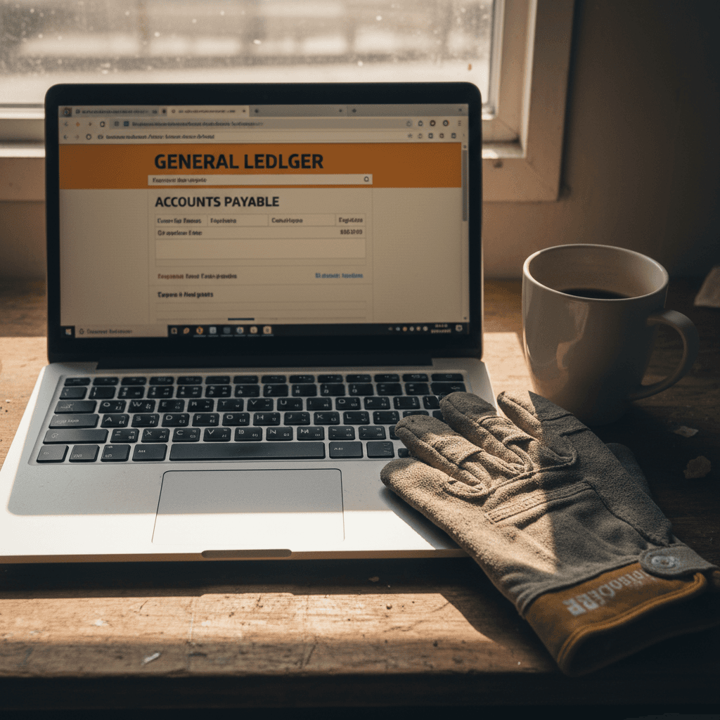 Laptop with accounting interface and coffee mug