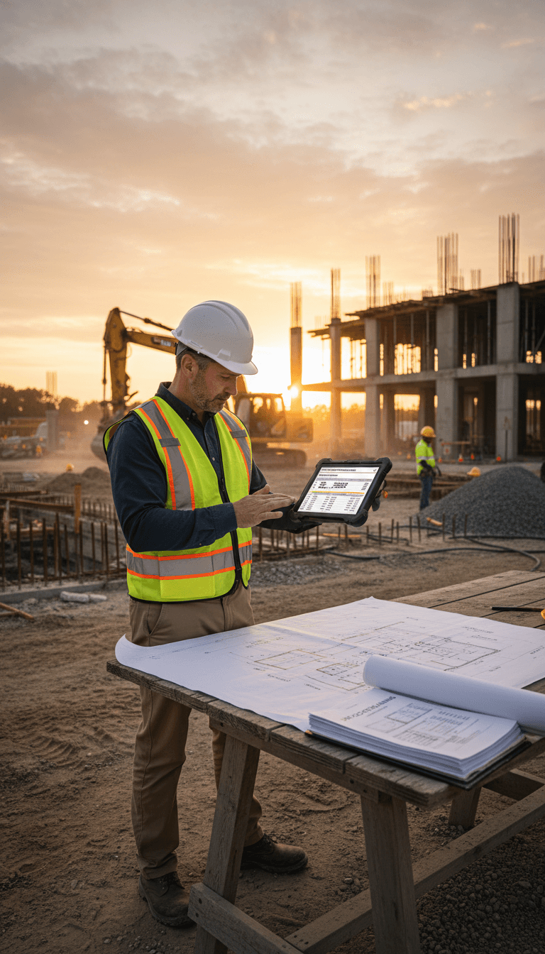 Contractor reviewing financial data on tablet at construction site