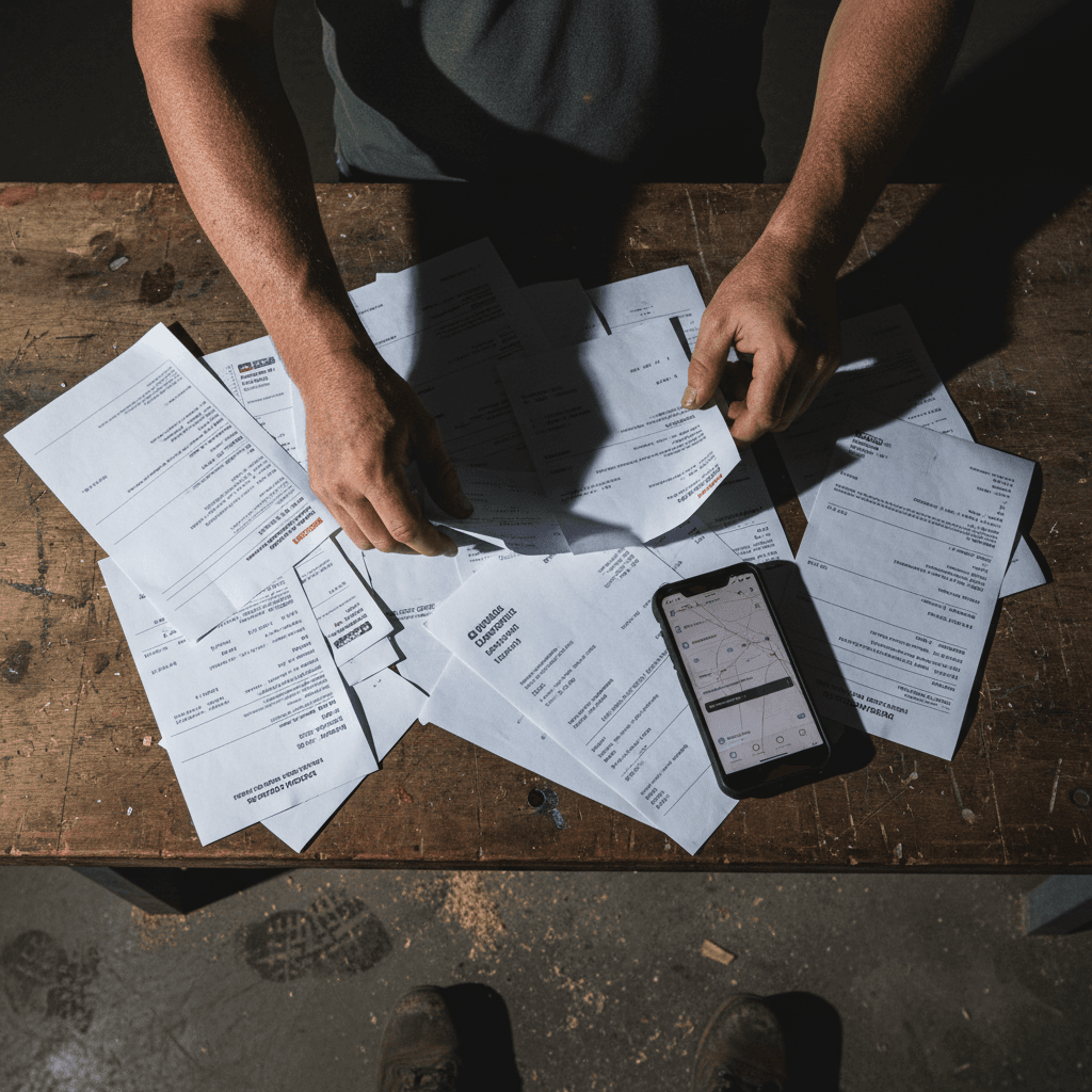 Contractor sorting invoices on a workbench