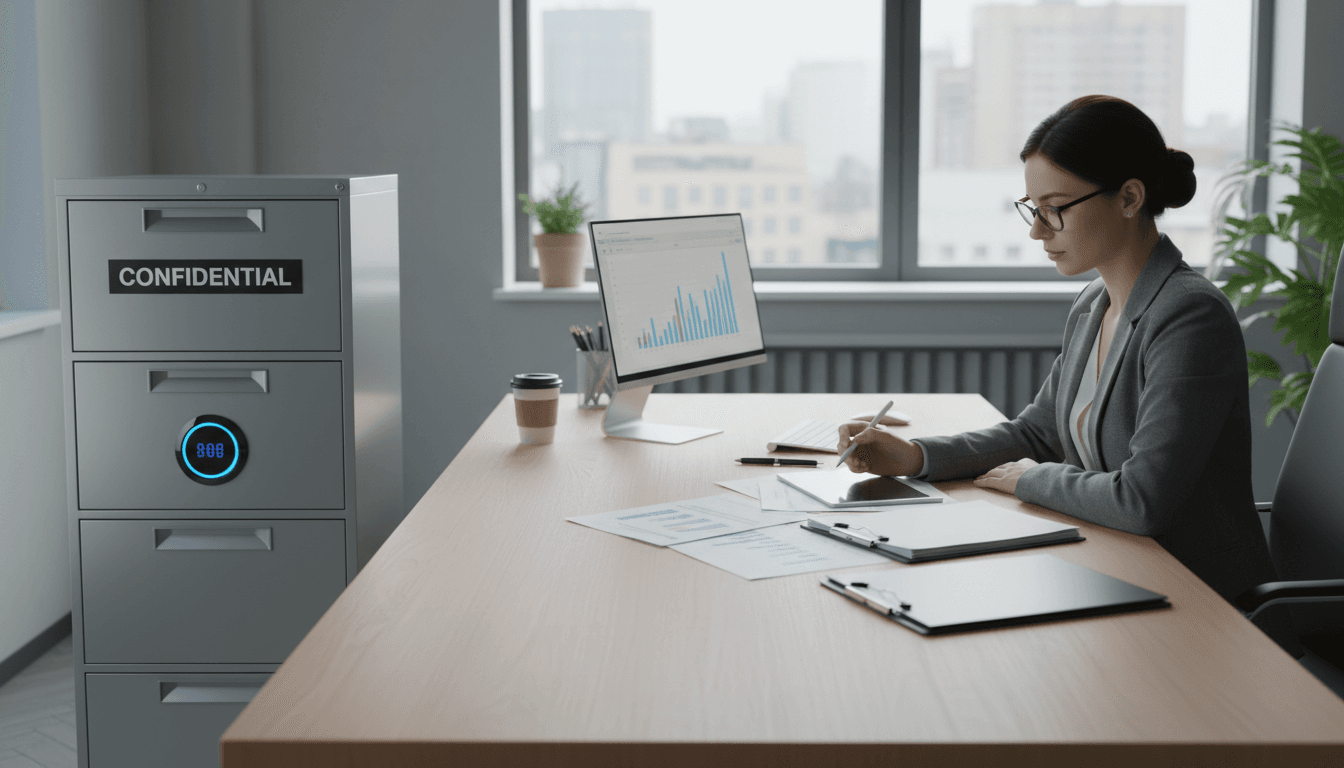 Professional working with financial documents in a secure office environment