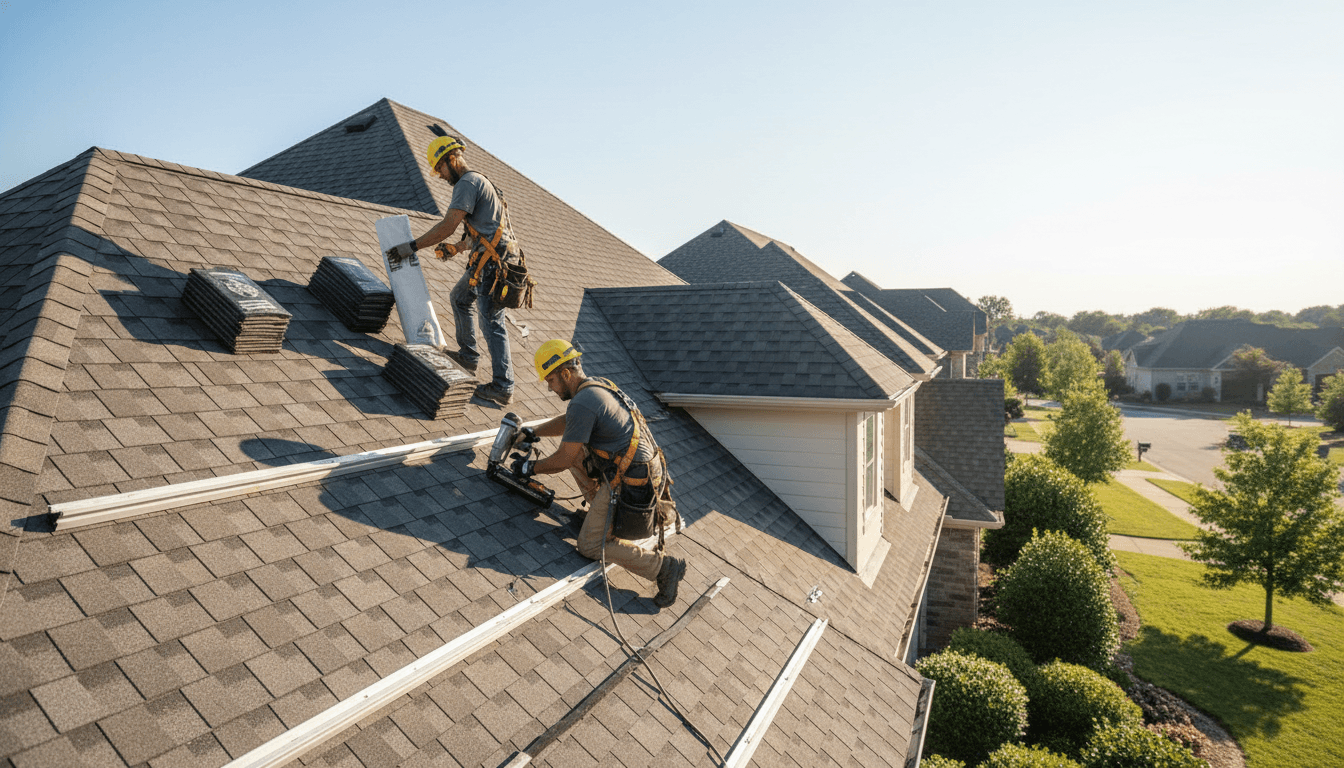 Two professional roofers installing composite shingles on residential home roof with safety equipment visible