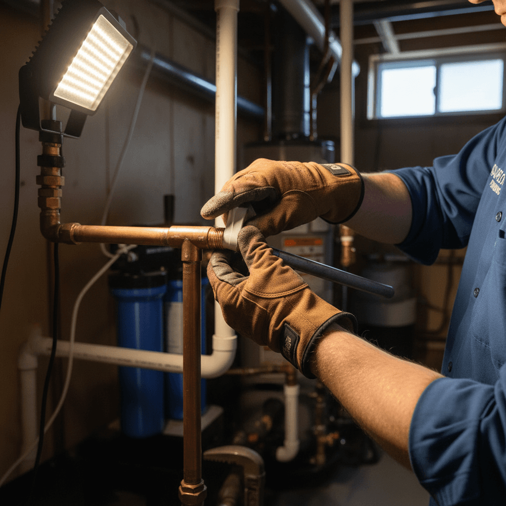 Plumber's hands installing copper pipe connections with precision fittings in residential basement setting