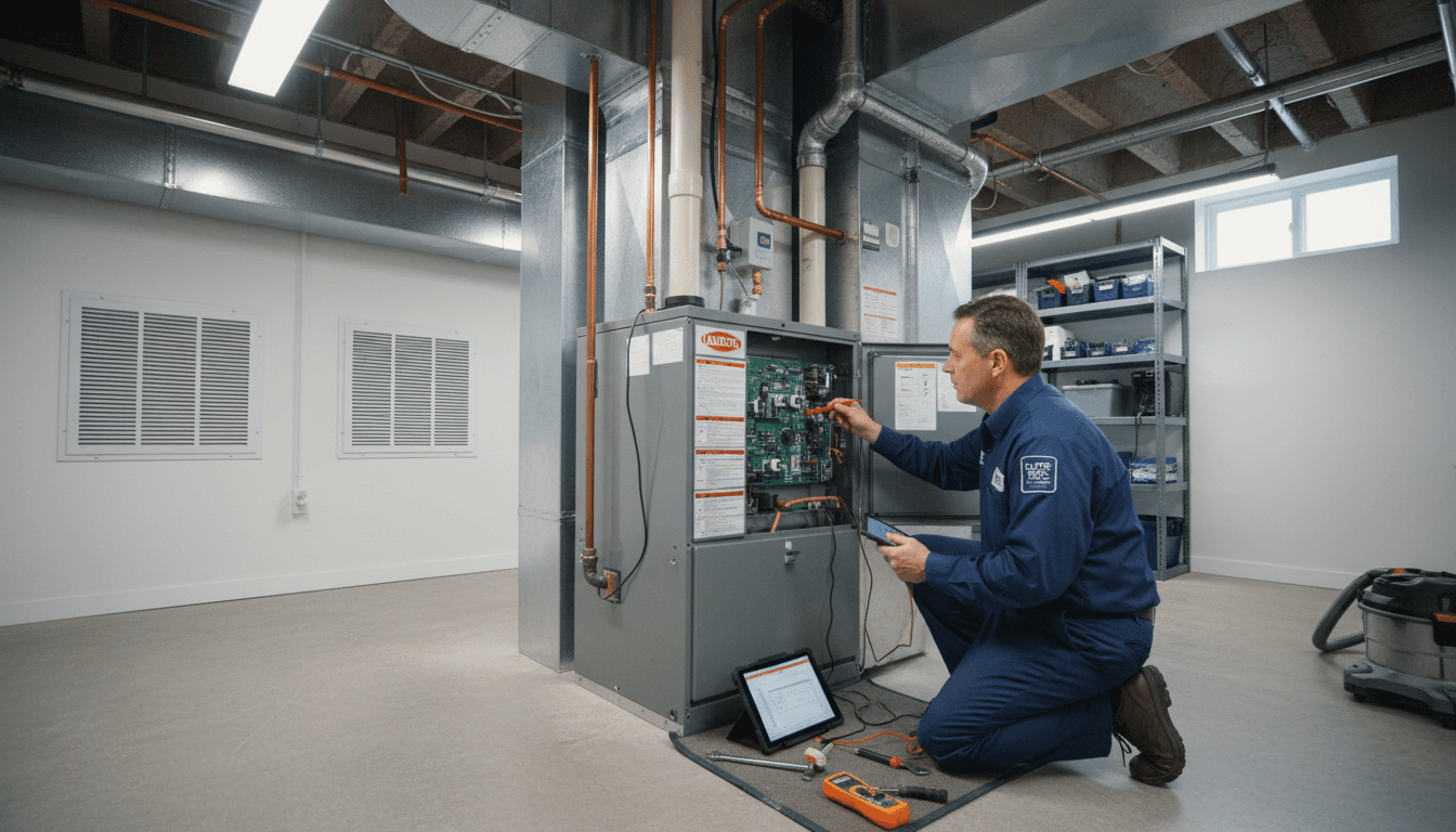 HVAC technician performing furnace maintenance inspection in residential basement with diagnostic tools and equipment