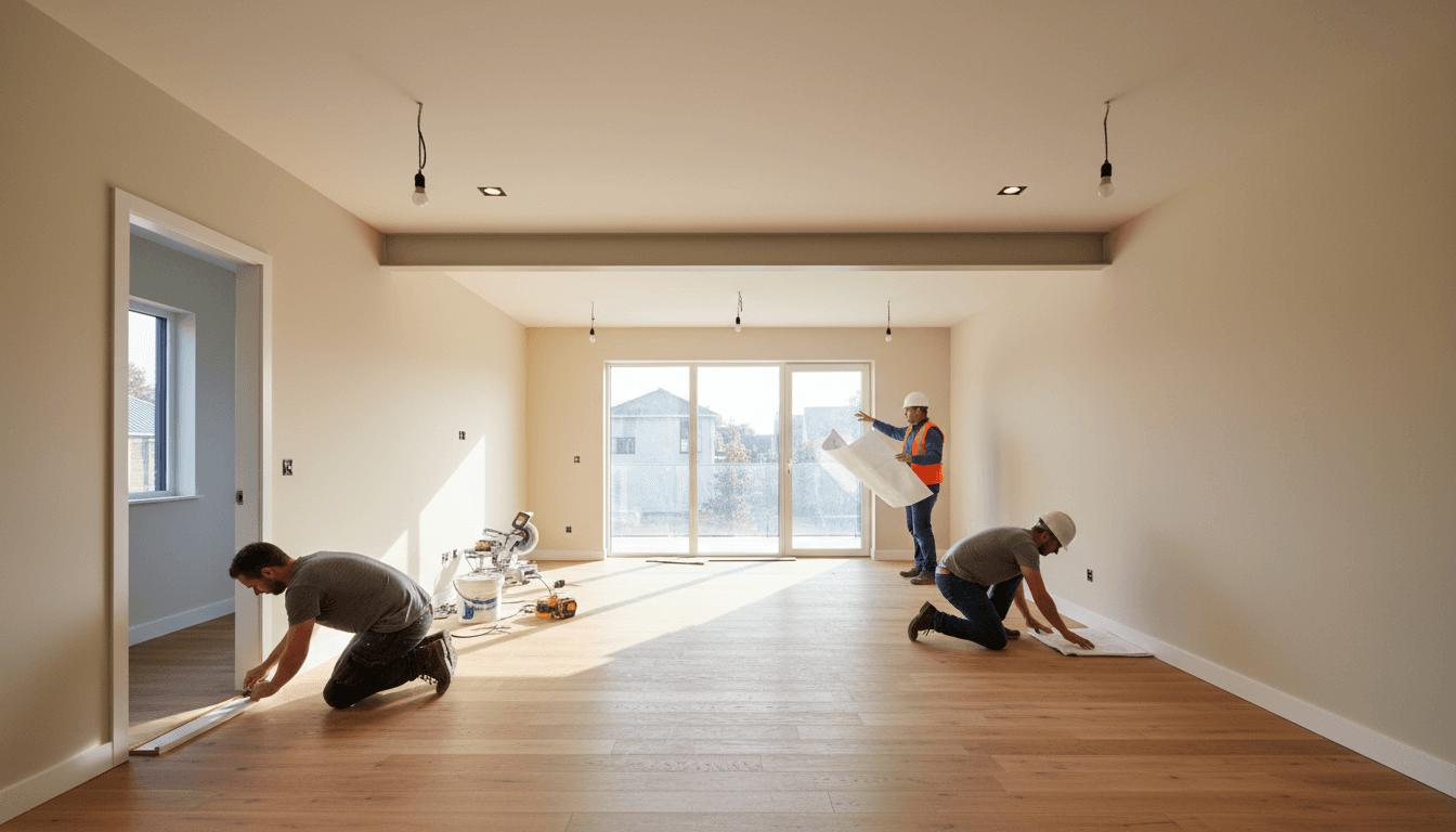 Renovation team working on modern residential open-plan space with freshly painted walls, new flooring, and quality inspections underway.