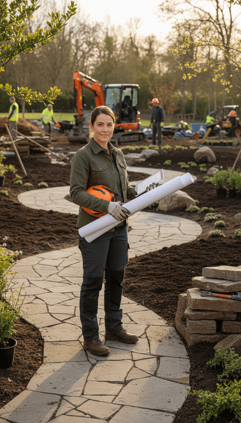 Landscape professional in work attire holding blueprints standing at active garden installation site