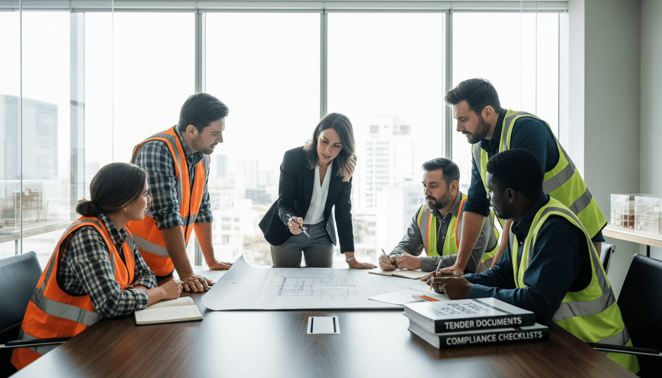 Construction consultant leading strategic planning meeting with contractor team reviewing blueprints and compliance documentation in modern conference room