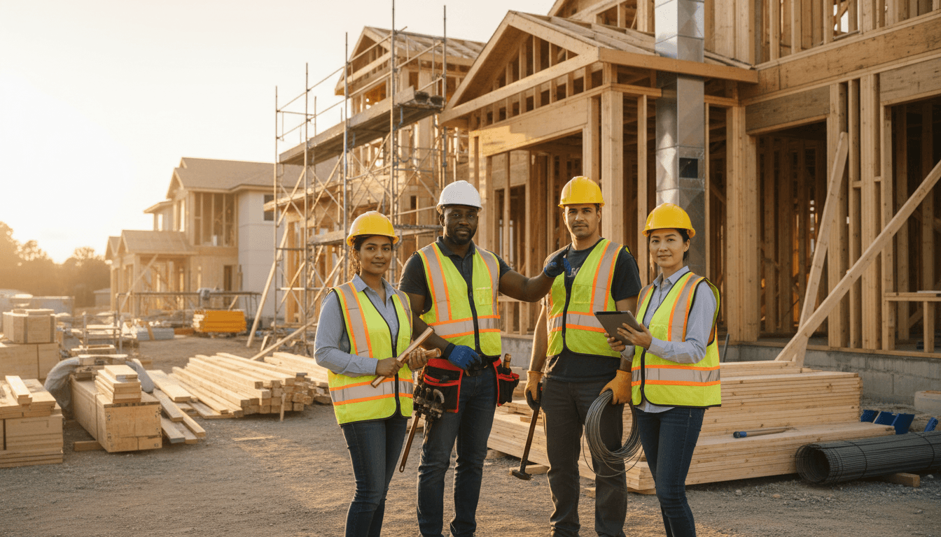 Diverse construction trades team standing together at outdoor job site during golden hour with safety equipment