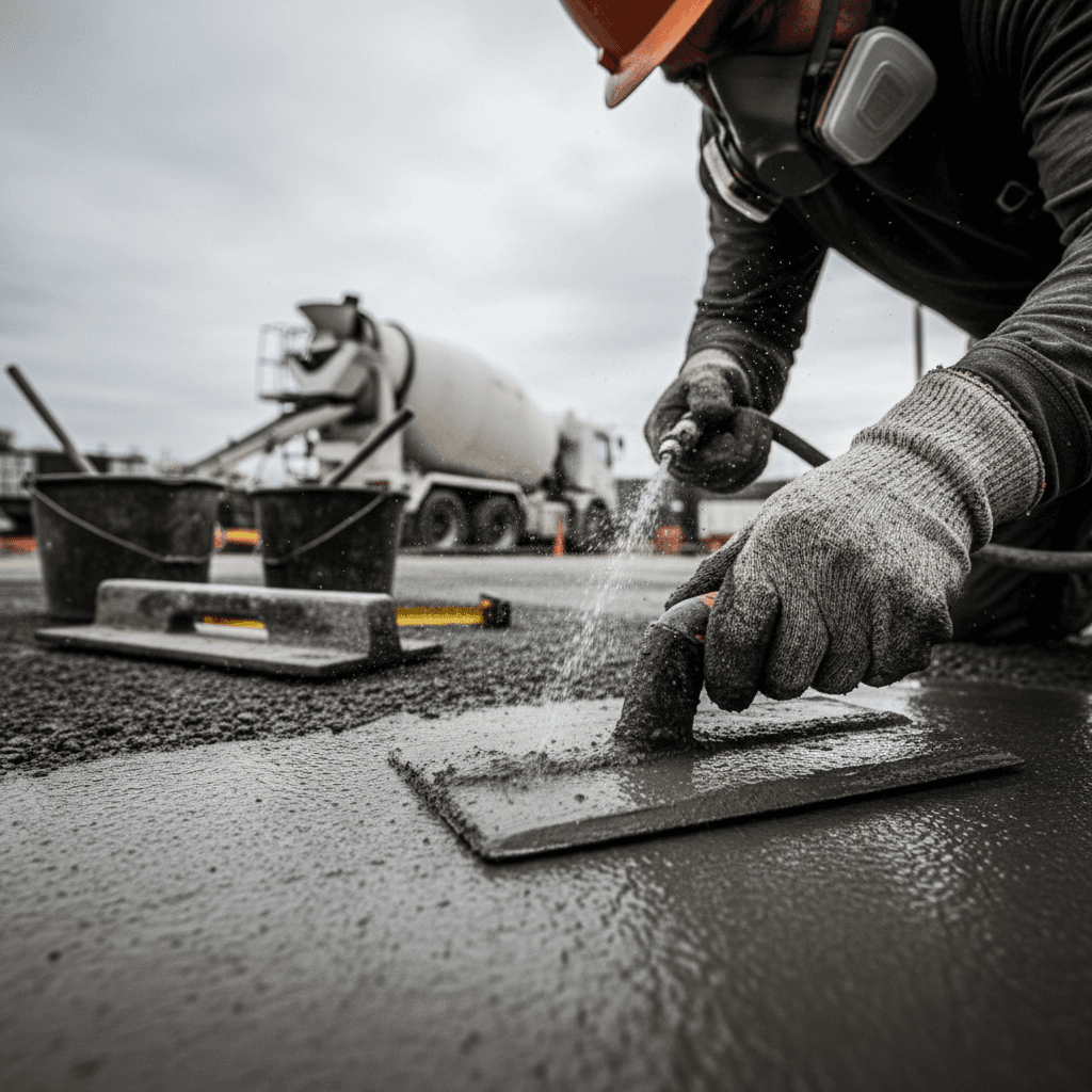Worker's hands using trowel to finish wet concrete on residential driveway during installation