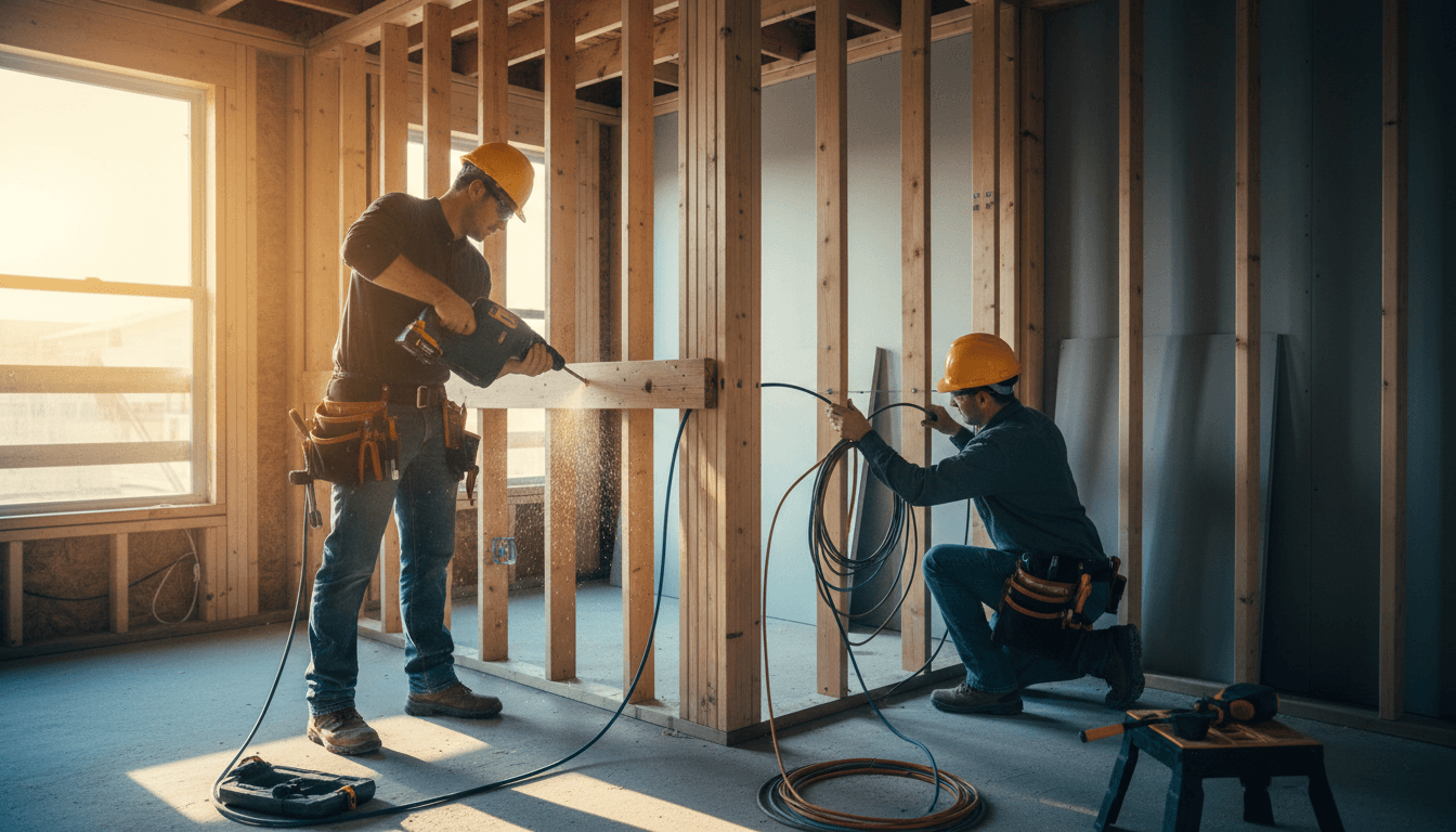 Two electricians installing conduit and wiring through residential wall framing during construction