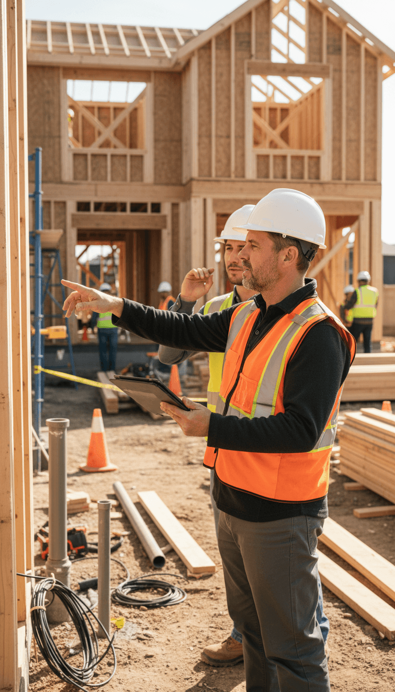 General contractor in safety gear reviewing digital project specifications on construction site